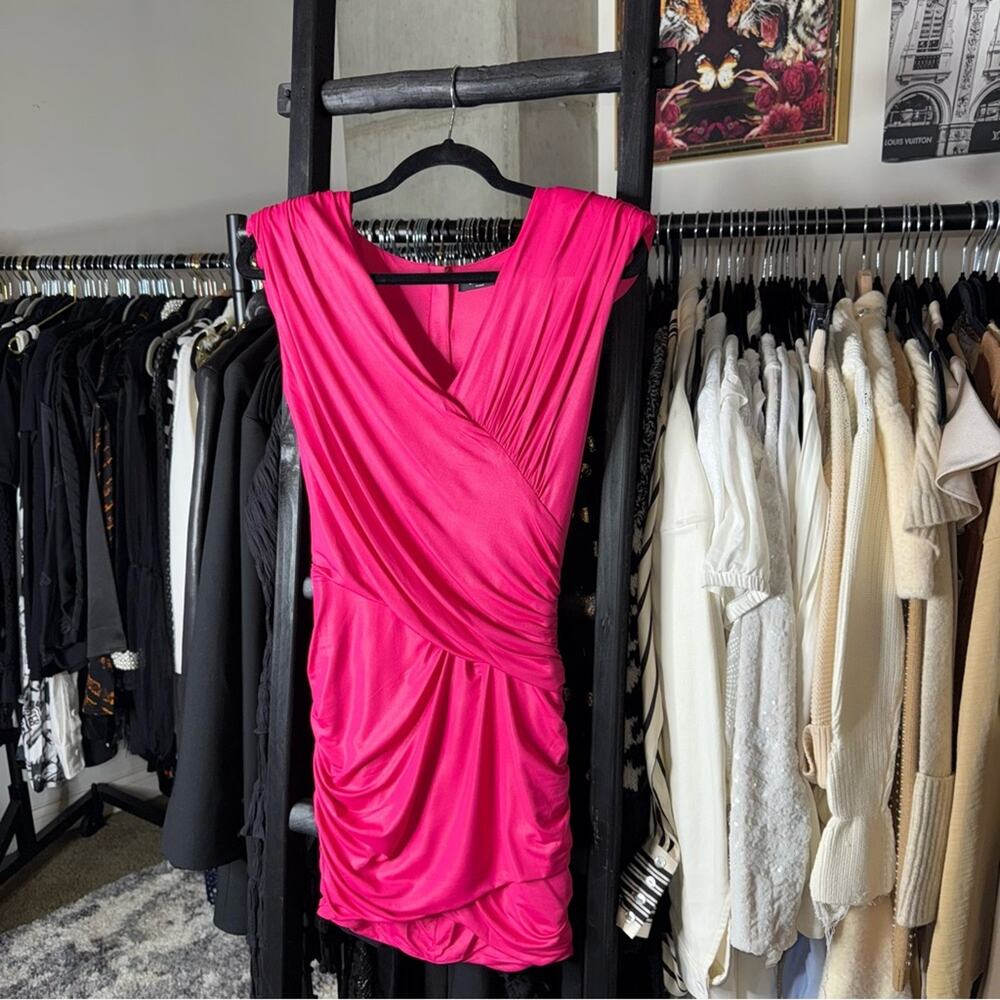 Balmain Fuchsia Ruched Mini Dress Metallic Shine V-Neck Pointed Shoulder - Picture 7 of 16